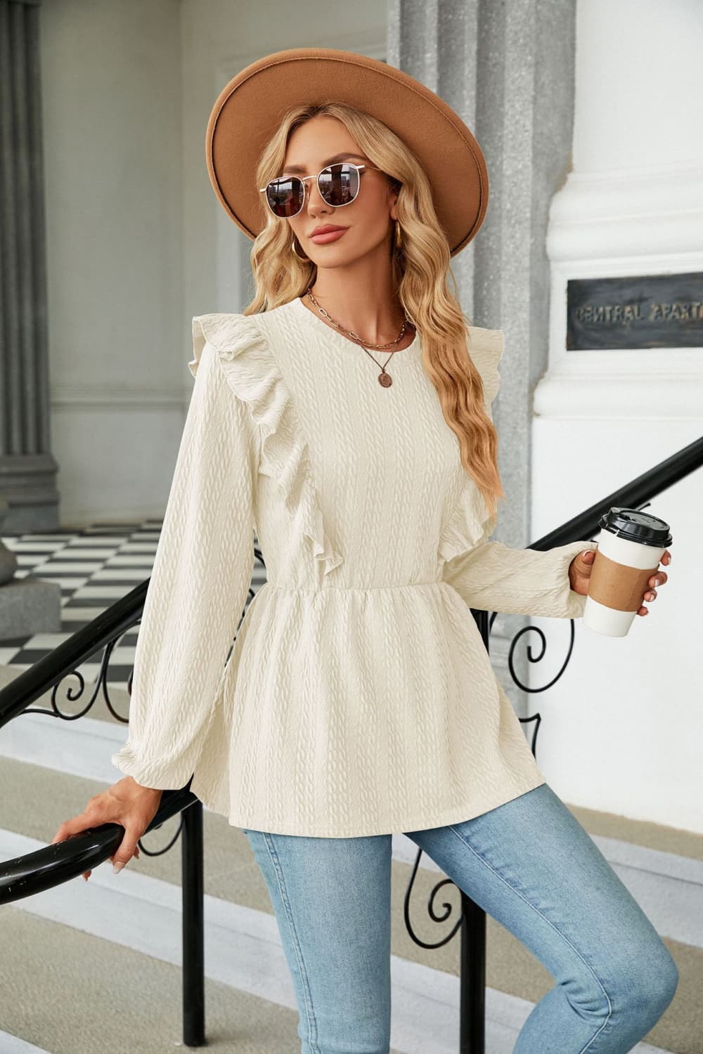 Round Neck Ruffled Peplum Blouse - Classique Collection