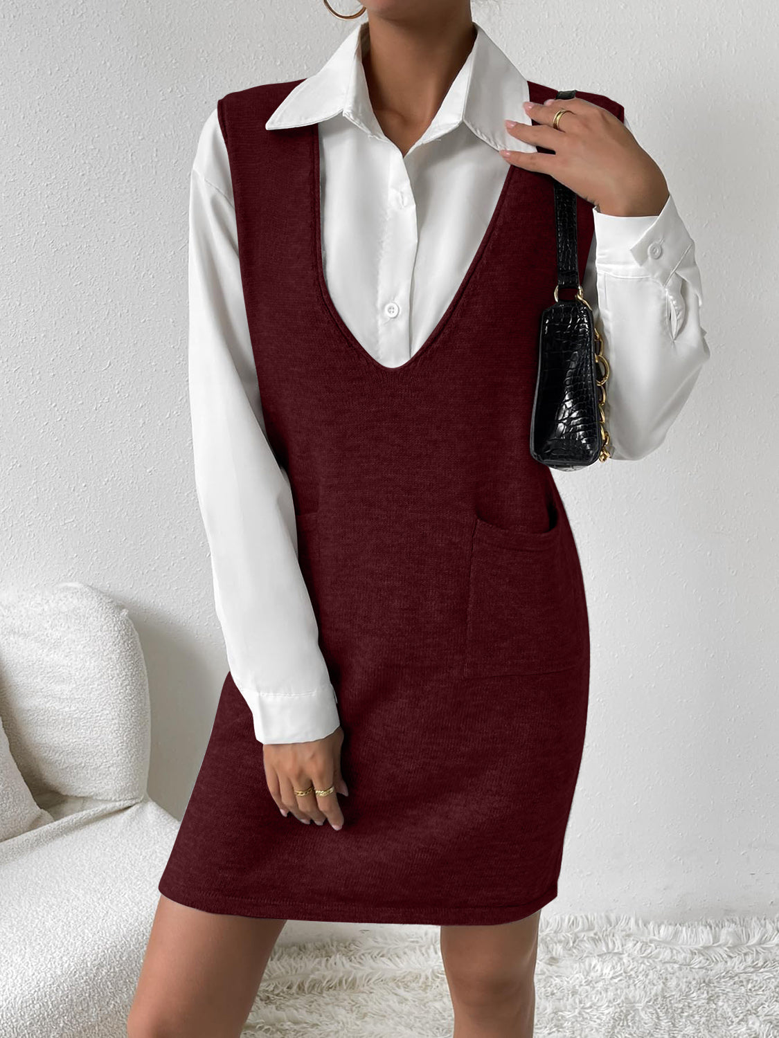 V-Neck Sleeveless Sweater Dress with Pockets - Classique Collection