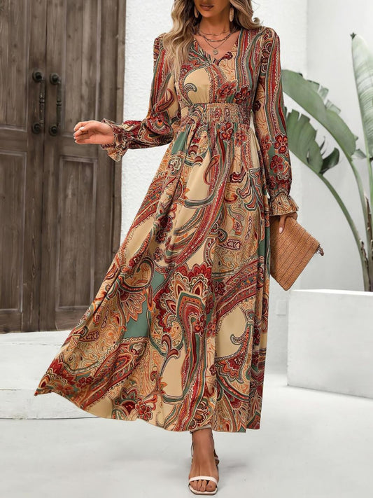 Smocked Printed V-Neck Flounce Sleeve Dress - Classique Collection
