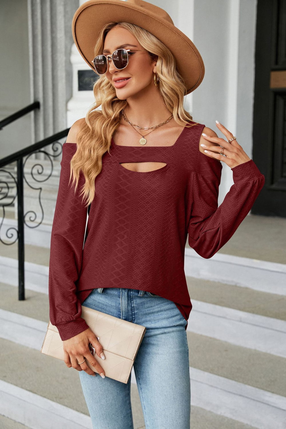 Cold Shoulder Square Neck Cutout Blouse - Classique Collection