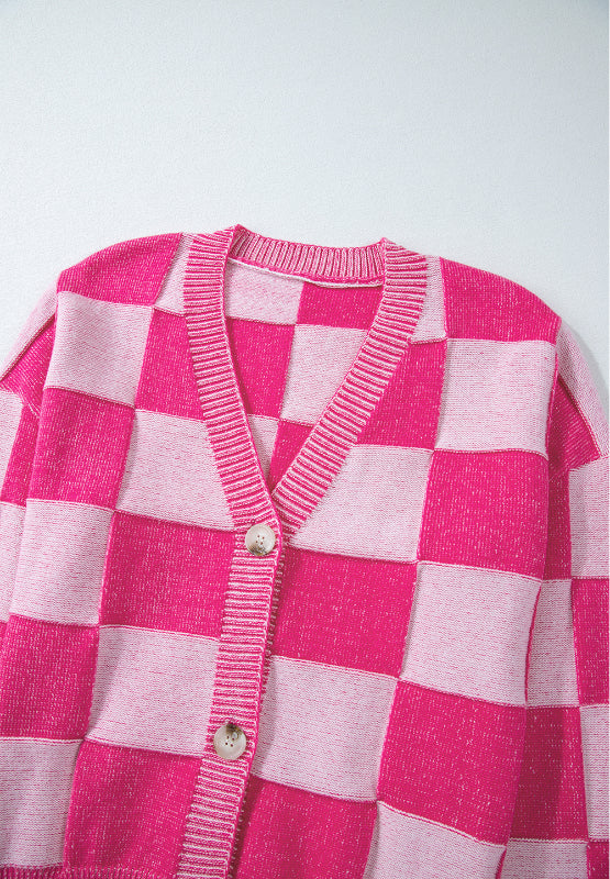 Checkered V-Neck Long Sleeve Cardigan - ClassiQ