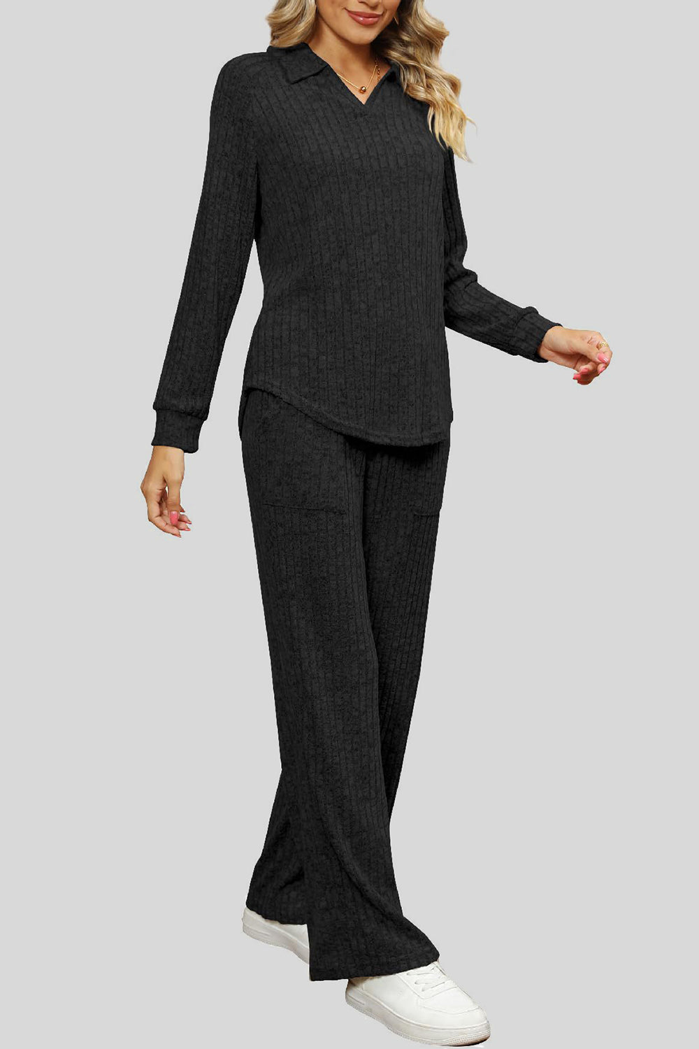 Ribbed Long Sleeve Top and Pocketed Pants Set - ClassiQ