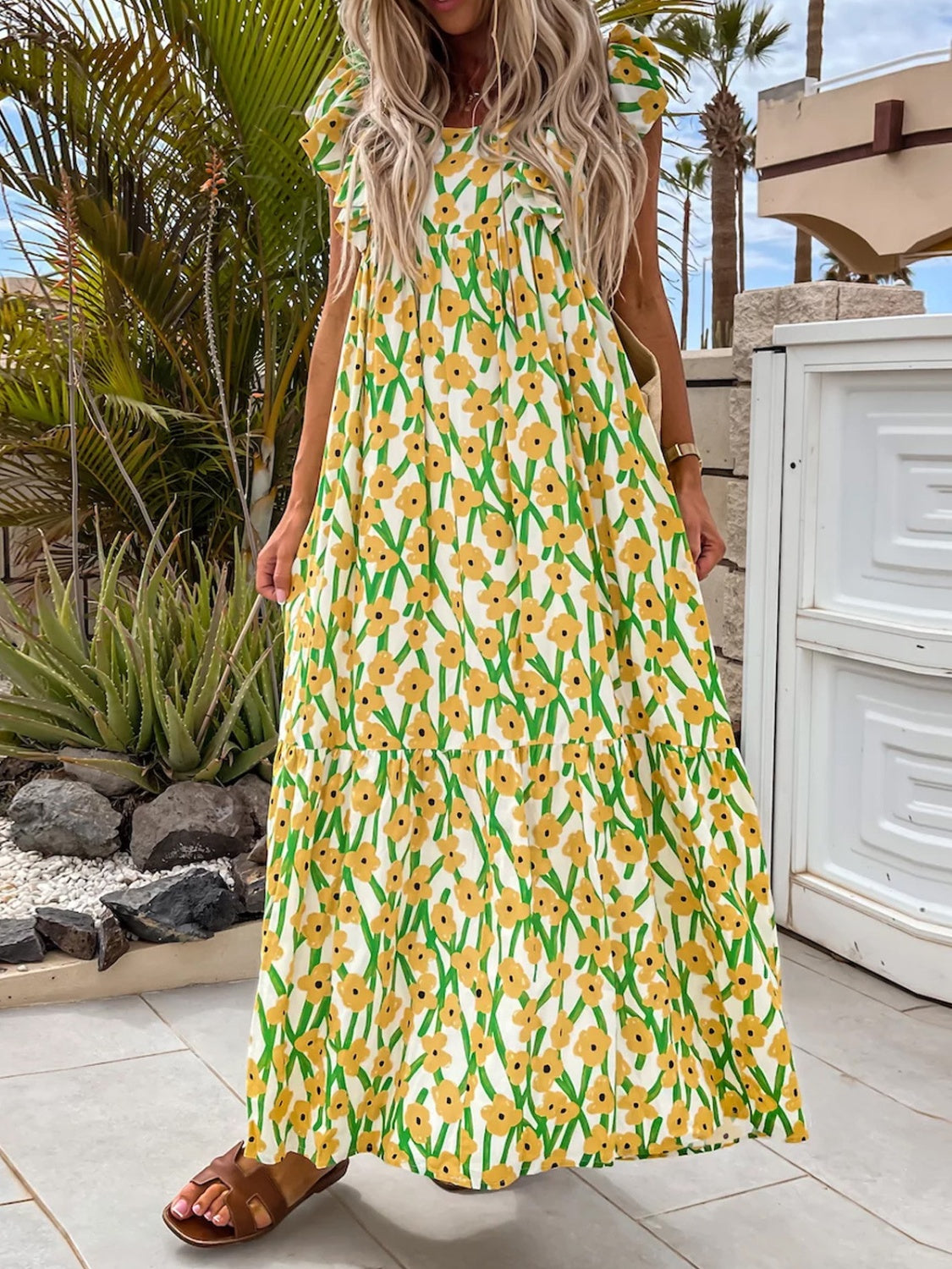 Ruffled Printed Cap Sleeve Midi Dress - Classique Collection