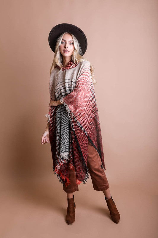 Herringbone Tweed Hooded Frayed Edge Poncho - Classique Collection