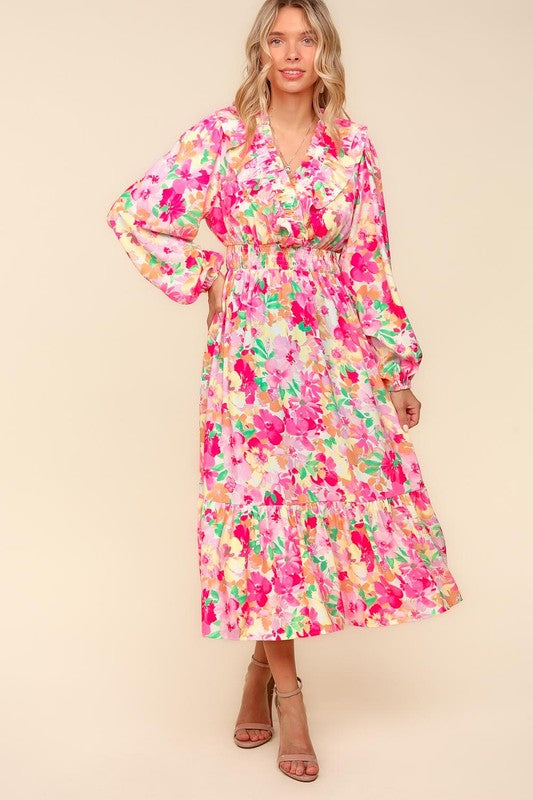 Haptics Full Size Floral Surplice Balloon Sleeve Dress with Side Pockets - Classique Collection