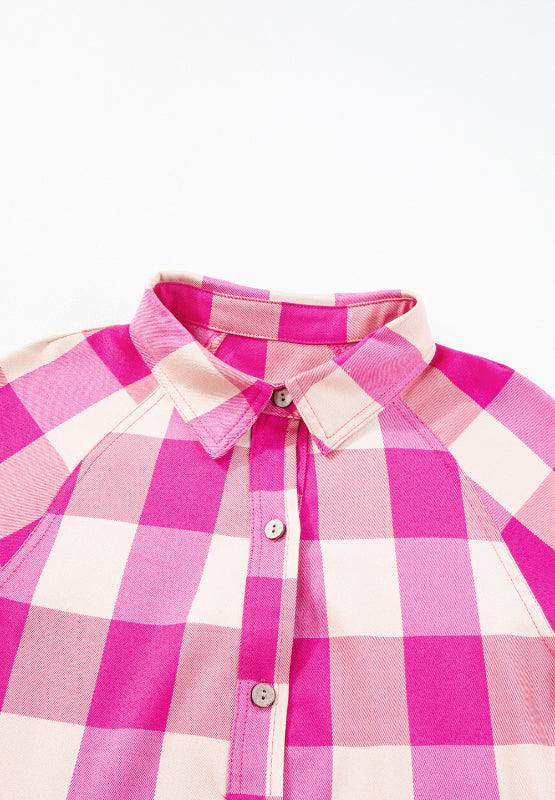 Ruched Plaid Three-Quarter Sleeve Shirt Dress - Classique Collection