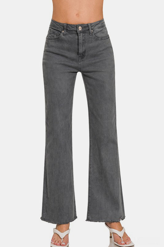 Zenana Acid Washed Frayed Hem Bootcut Jeans - Classique Collection