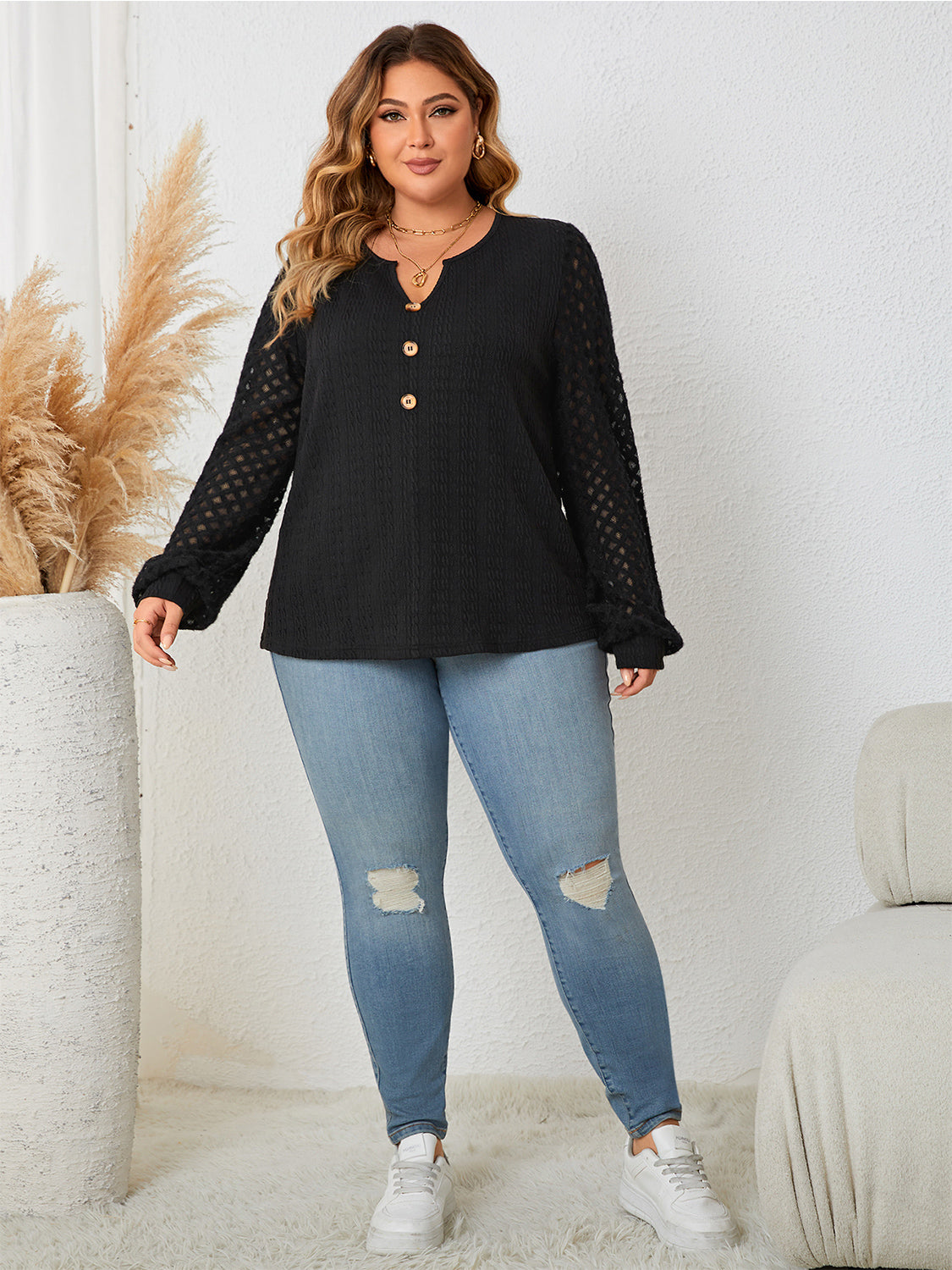 Honey Plus Size Openwork Notched Button Front Blouse - Classique Collection