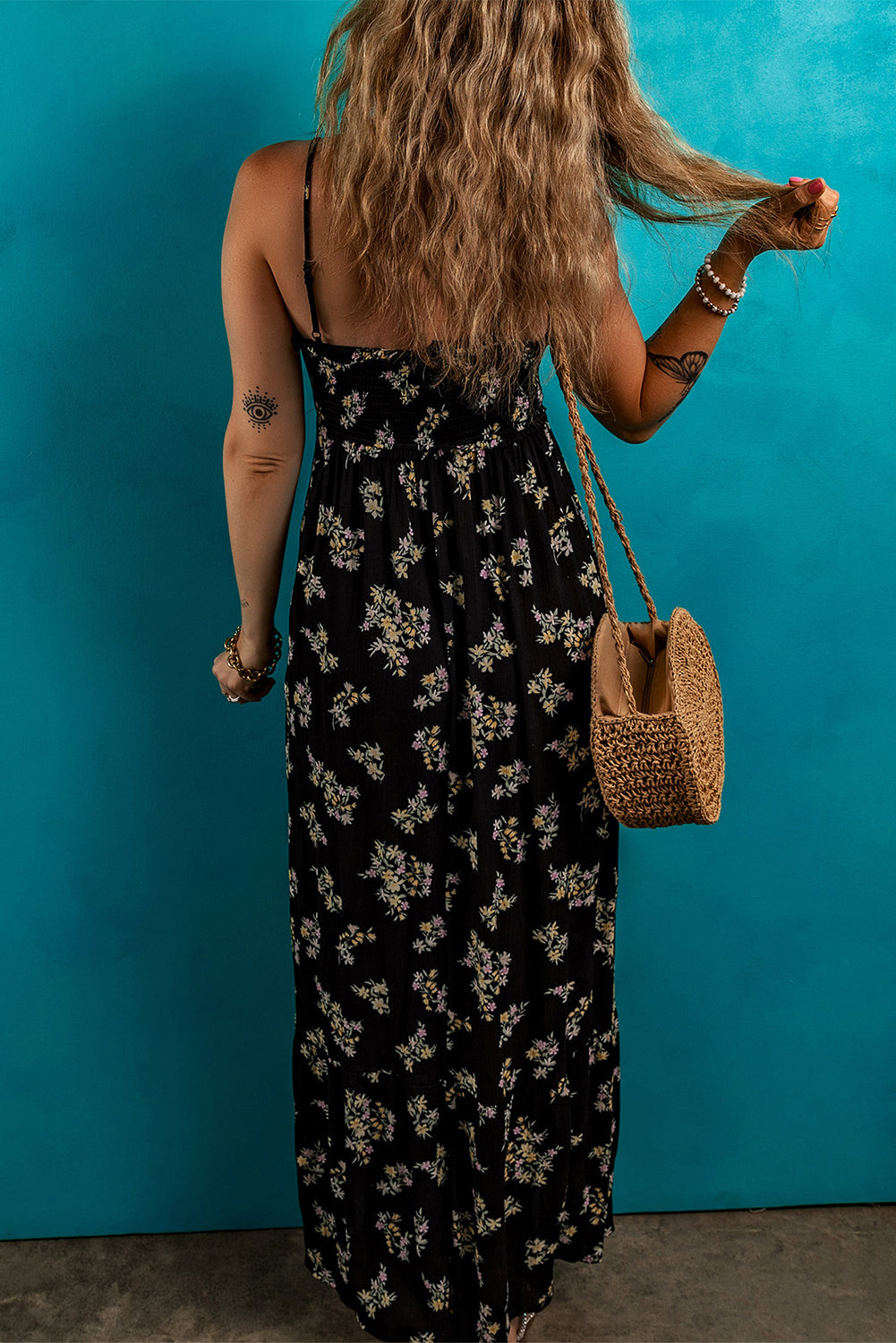 Black Floral Spaghetti Strap Shirred Bodice Tied Empire Waist Maxi Dress ClassiQ