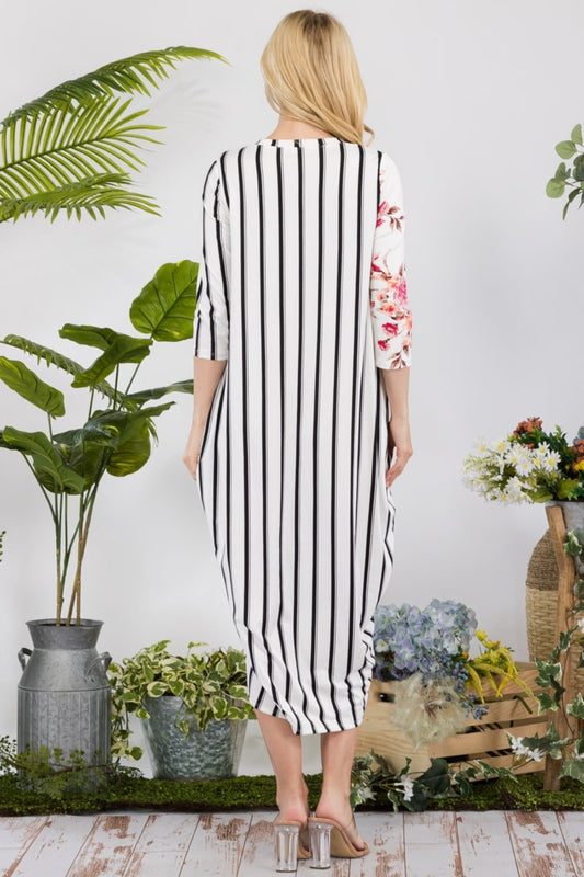 Celeste Full Size Floral Striped Contrast Midi-Dress with Pockets - Classique Collection