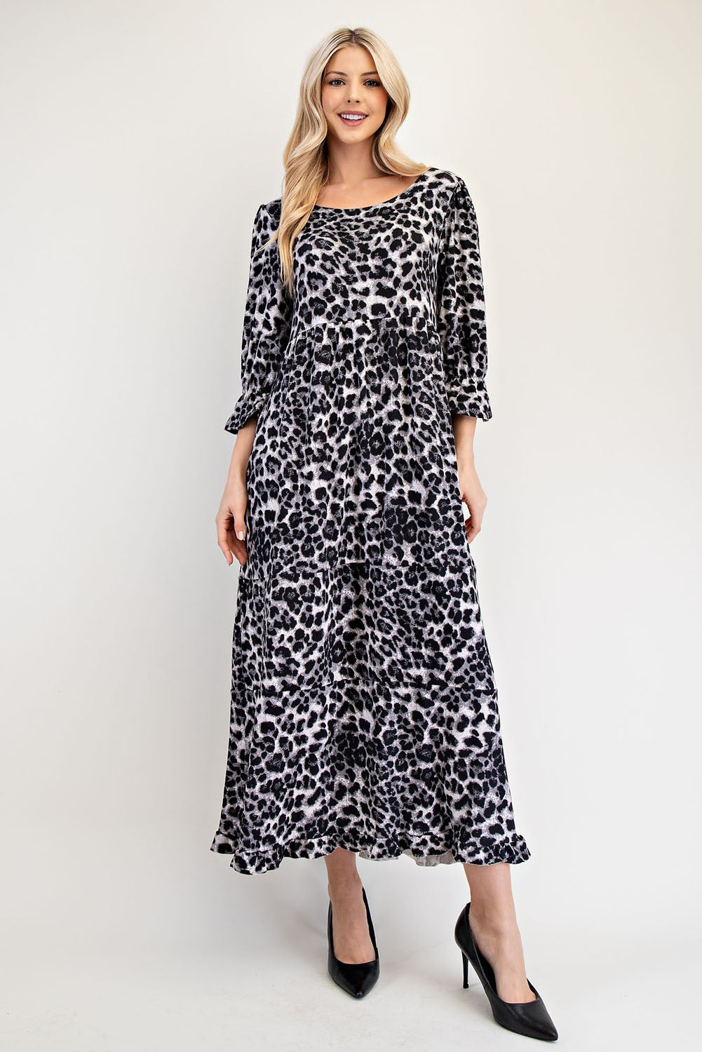 Celeste Full Size Leopard Round Neck Flounce Sleeve Dress - Classique Collection