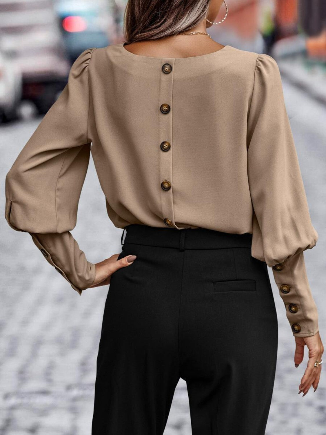 Round Neck Lantern Sleeve Blouse - Classique Collection
