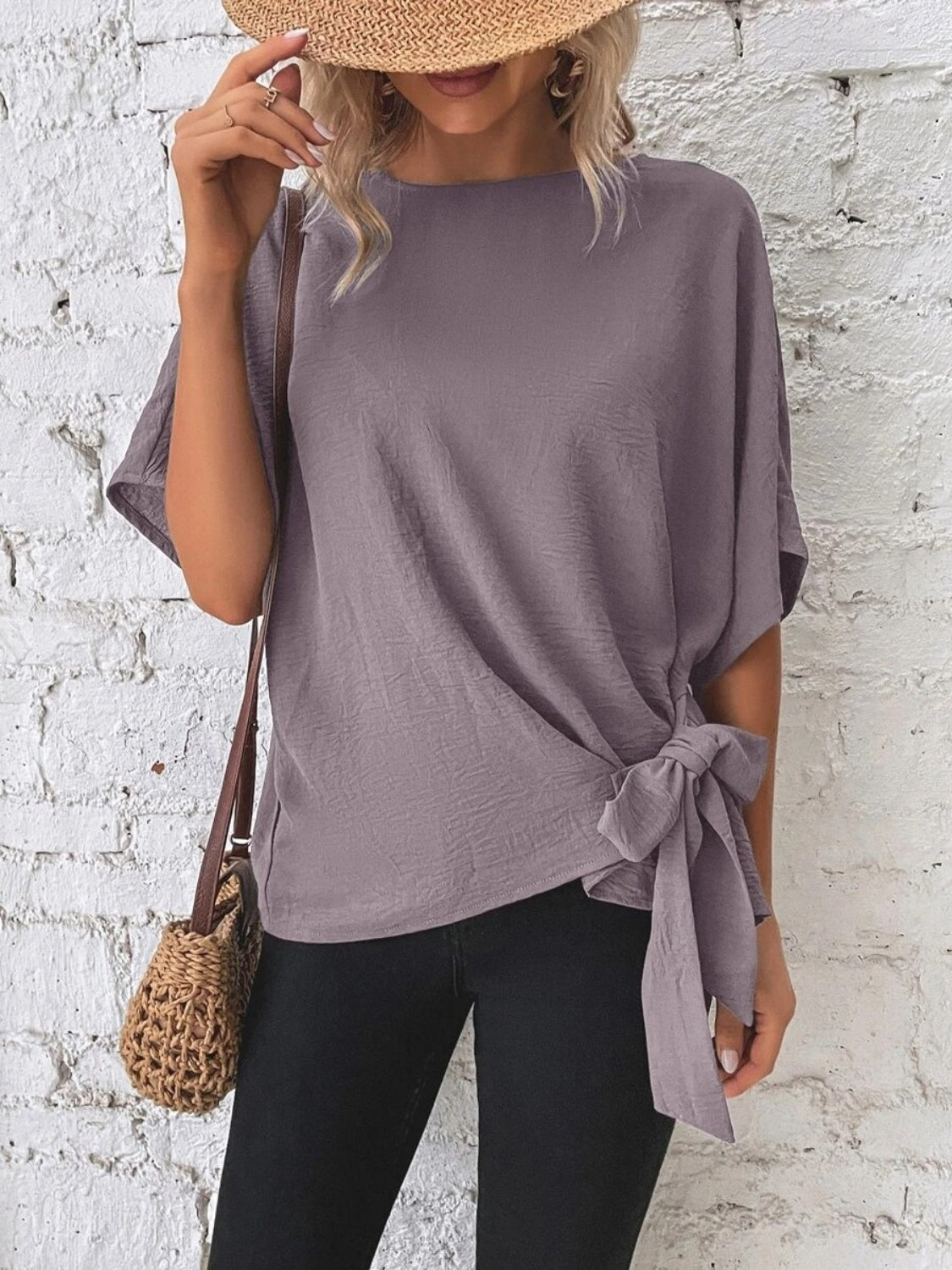 Knotted Round Neck Half Sleeve Blouse - ClassiQ