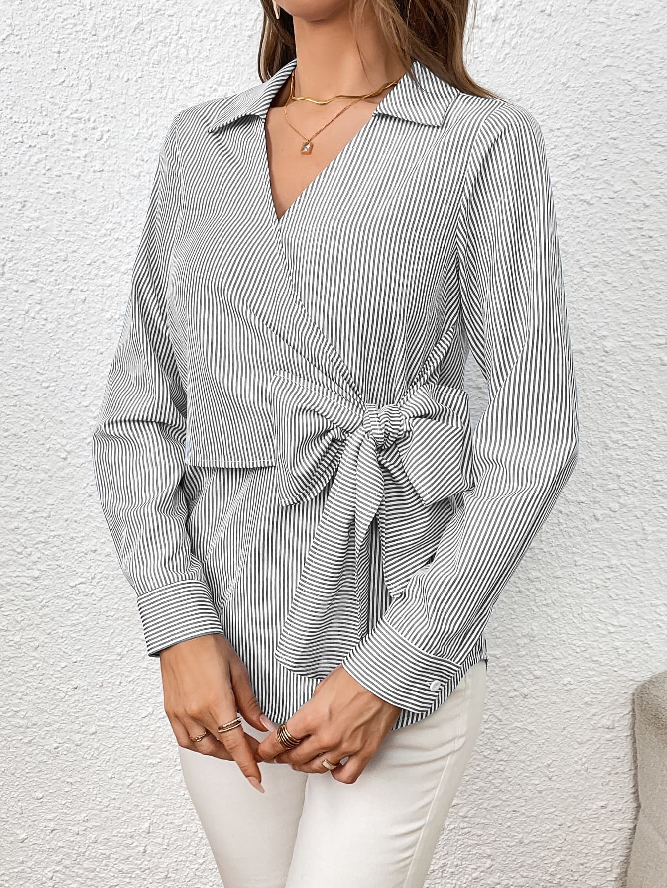 Ivy Lane Bow Tie Waist Johnny Collar Neck Striped Blouse - Classique Collection