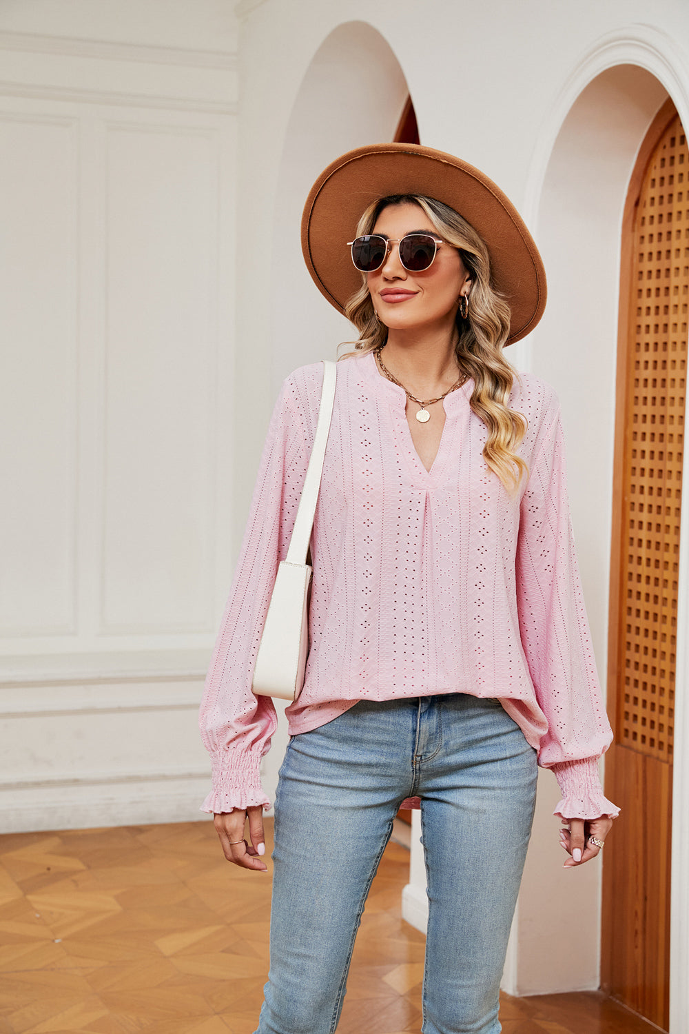 Notched Neck Flounce Sleeve Blouse - Classique Collection