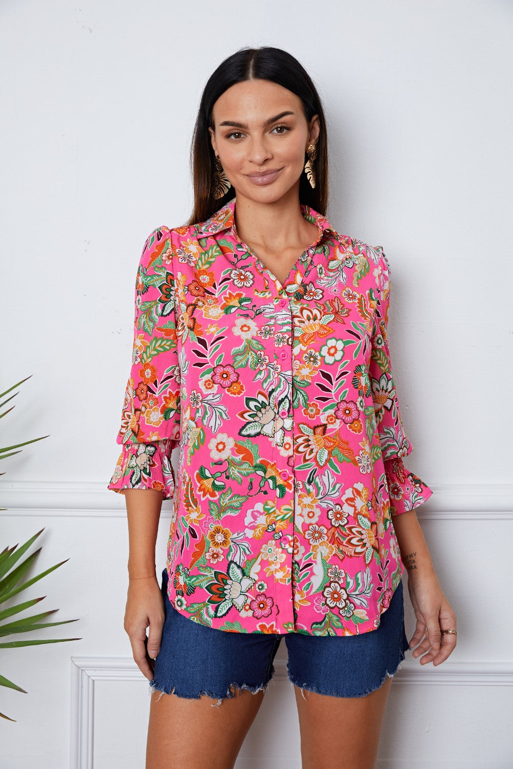 Floral Button Up Flounce Sleeve Shirt - Classique Collection