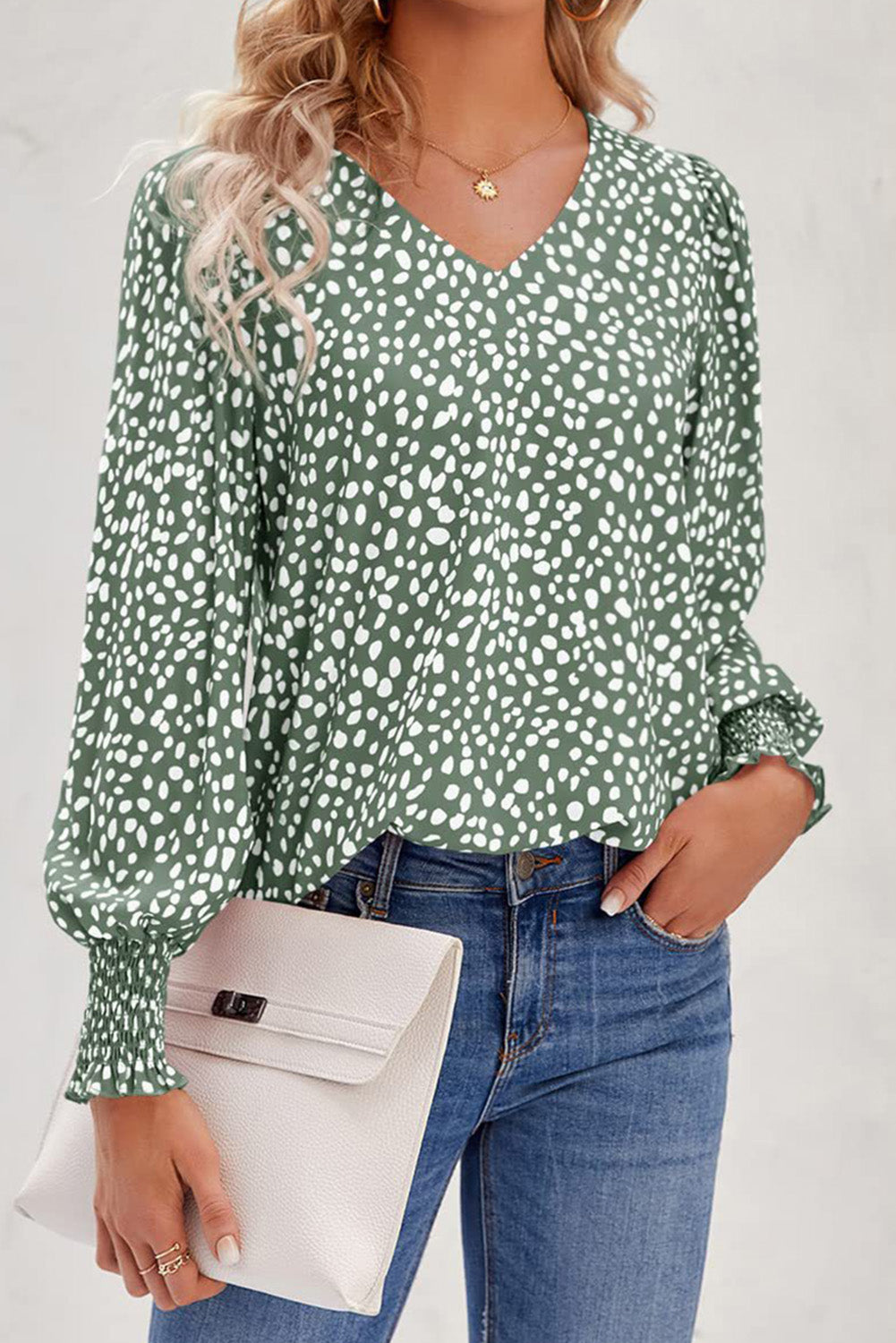 Printed V-Neck Smocked Lantern Sleeve Blouse - Classique Collection
