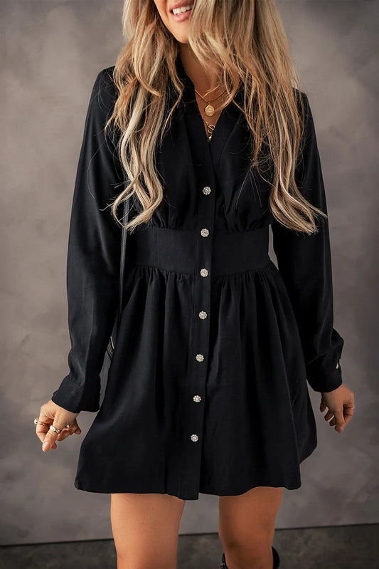 Ruched Button Up Long Sleeve Dress - Classique Collection