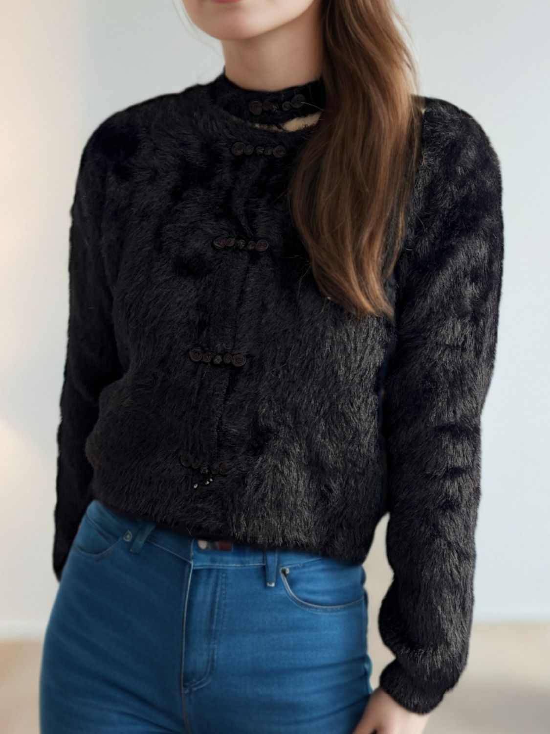 Cutout Knot Button Long Sleeve Cardigan - ClassiQ