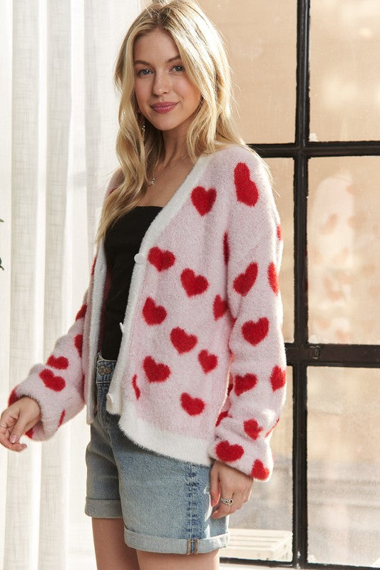 ADORA Fuzzy Heart Button Down Cardigan - ClassiQ