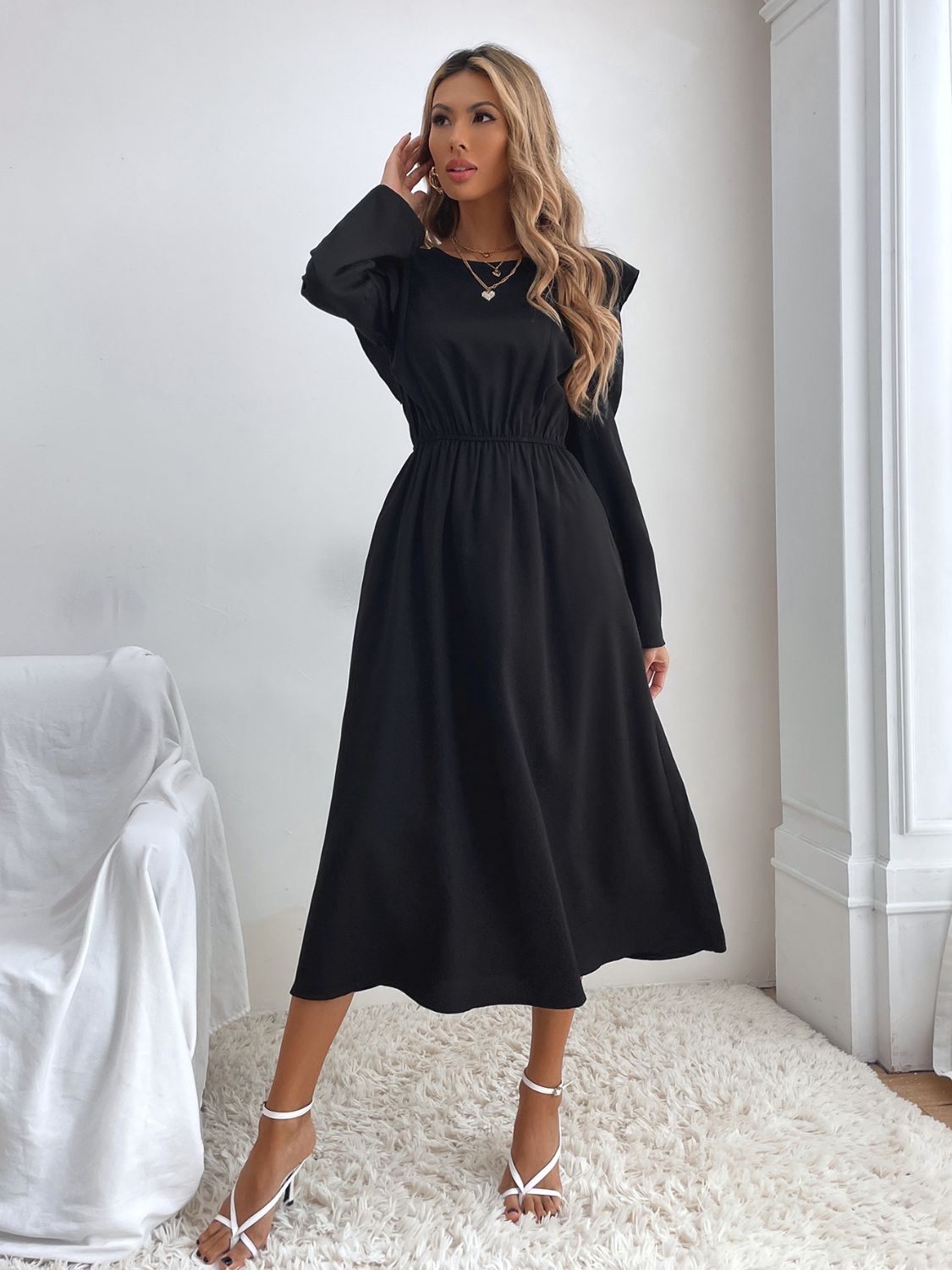 Ruched Ruffled Round Neck Long Sleeve Dress - Classique Collection
