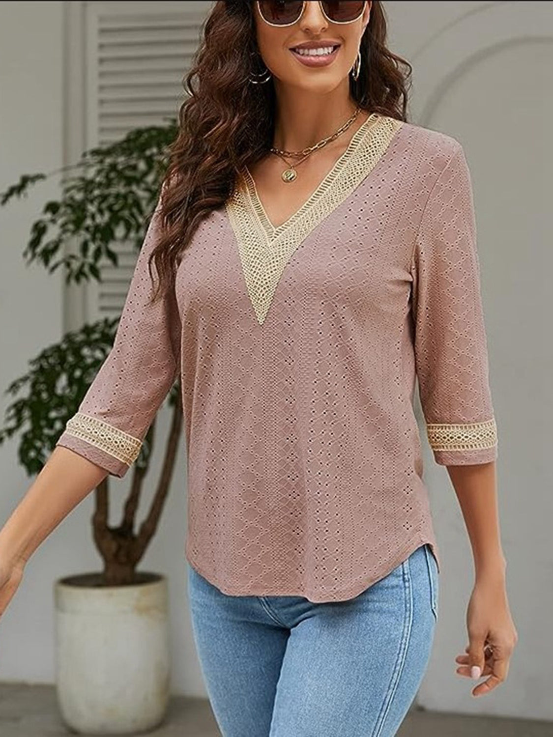 V-Neck Eyelet Blouse - Classique Collection
