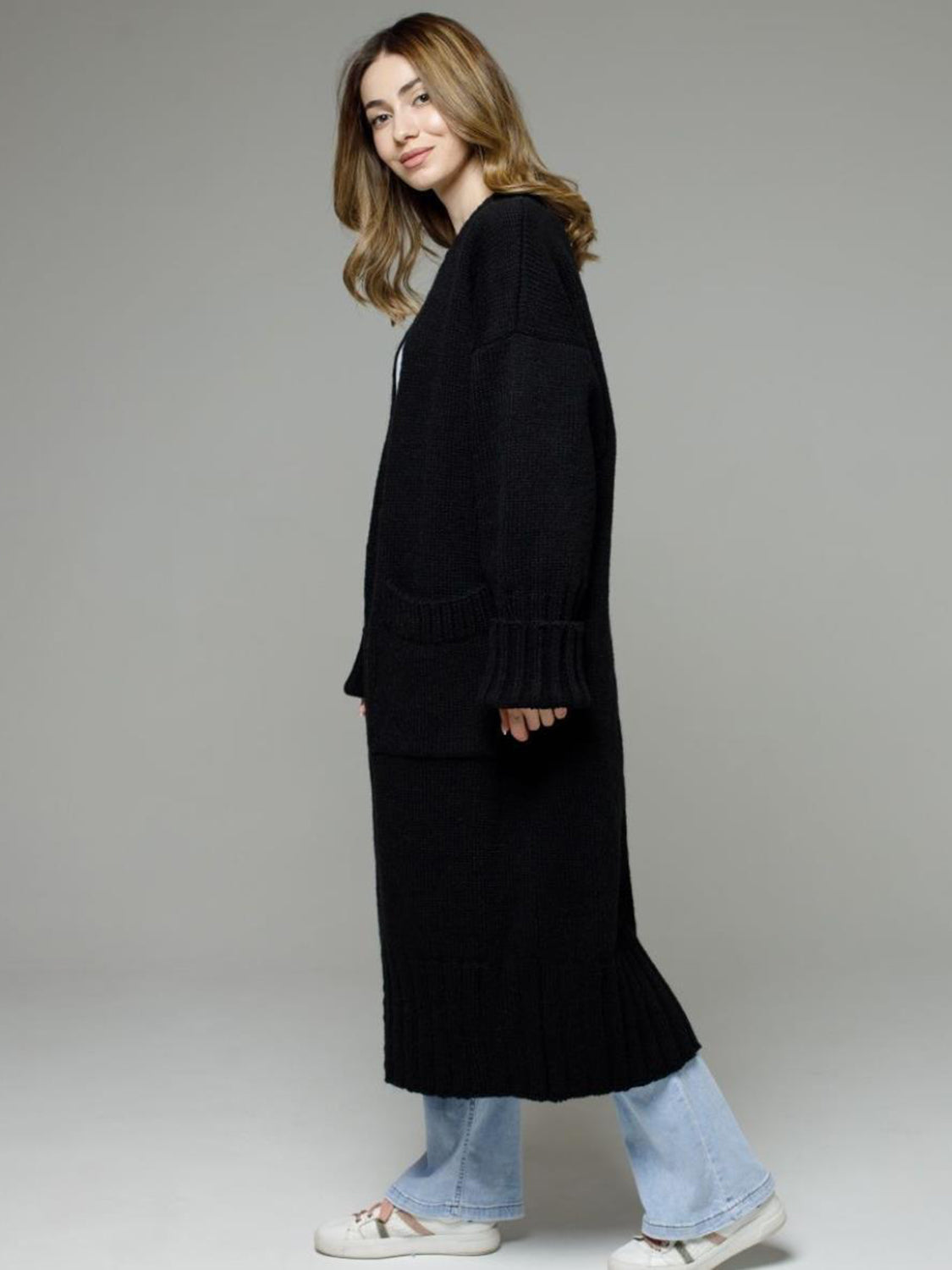 Pocketed Open Front Dropped Shoulder Cardigan - Classique Collection