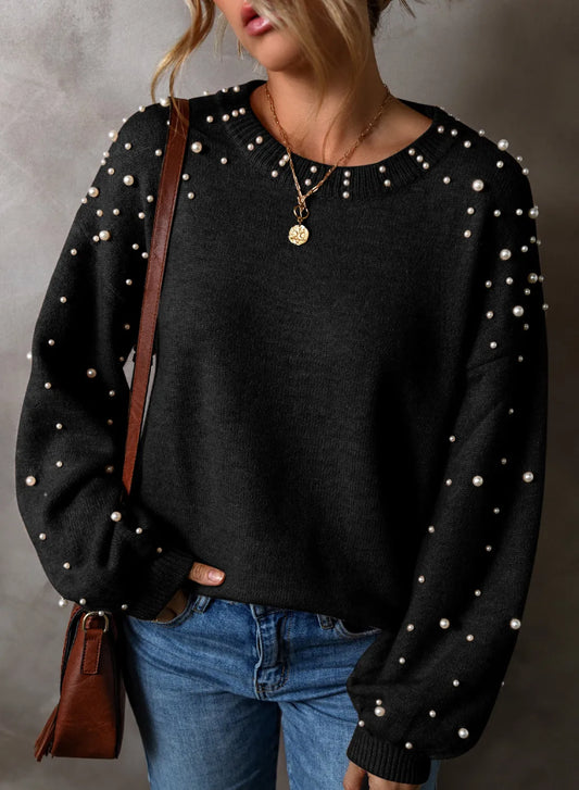 Pearl Detail Round Neck Long Sleeve Sweater - ClassiQ