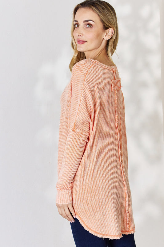 Zenana Oversized Washed Waffle Long Sleeve Top - Classique Collection