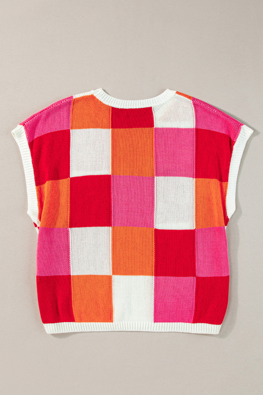 Contrast Plaid Round Neck Cap Sleeve Sweater - ClassiQ