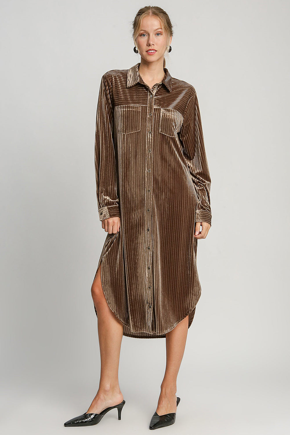 Umgee Texture Curved Hem Button Down Shirt Dress - Classique Collection