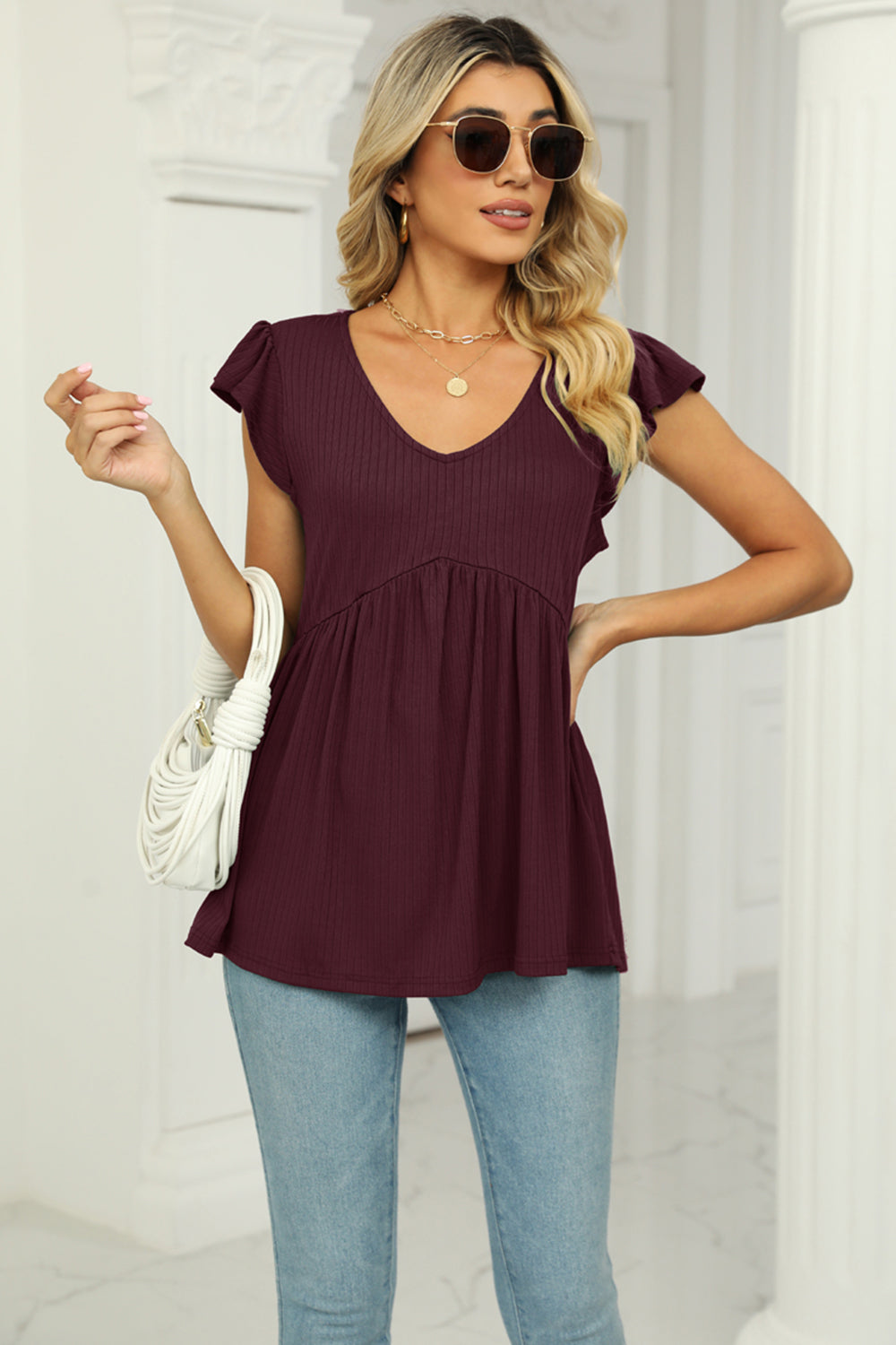 V-Neck Flutter Sleeve Babydoll Blouse - Classique Collection