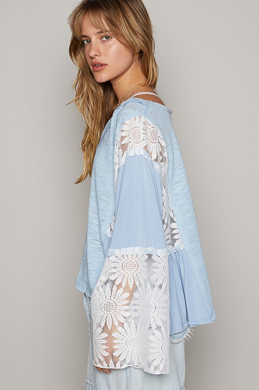 POL Lace Detail V-Neck Flare Sleeve Blouse - Classique Collection