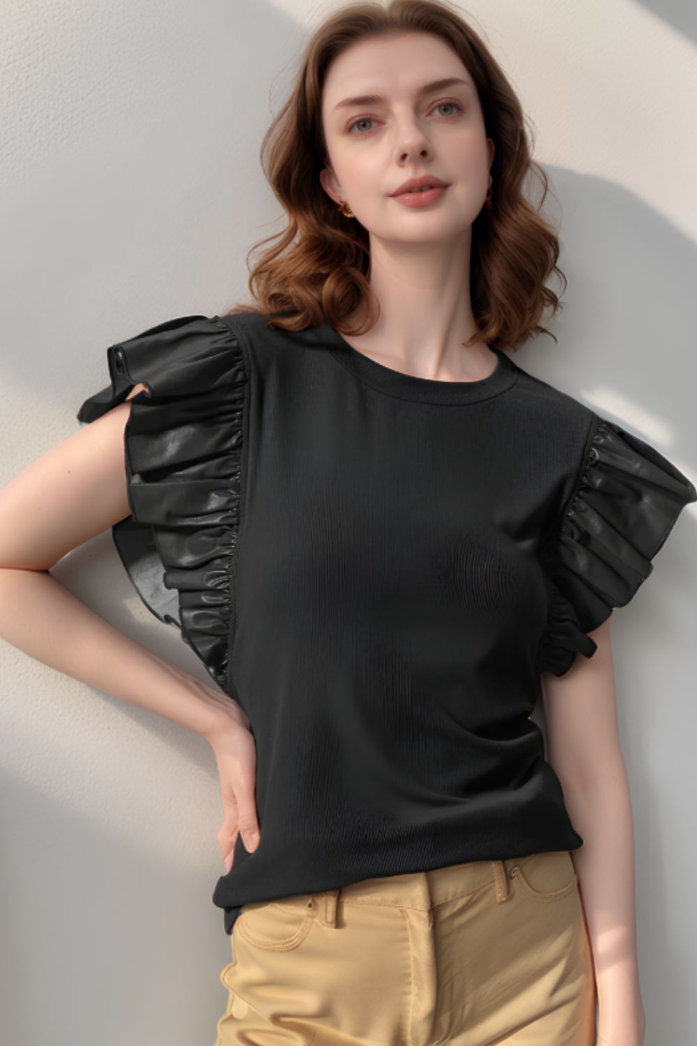 Ruffled Round Neck Cap Sleeve Blouse - Classique Collection