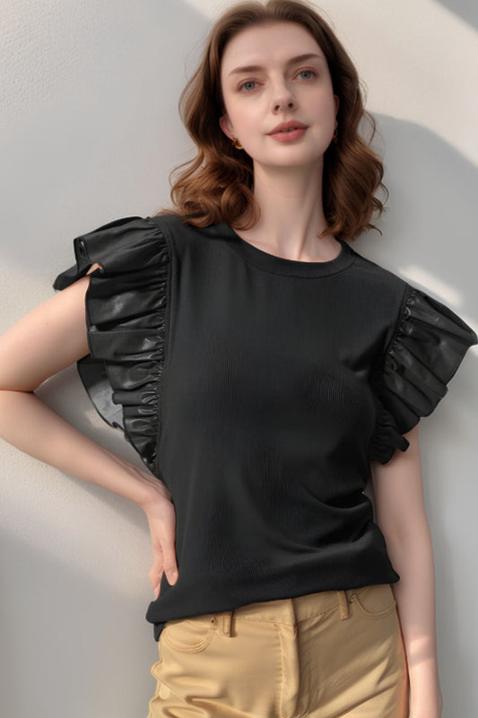 Ruffled Round Neck Cap Sleeve Blouse - Classique Collection