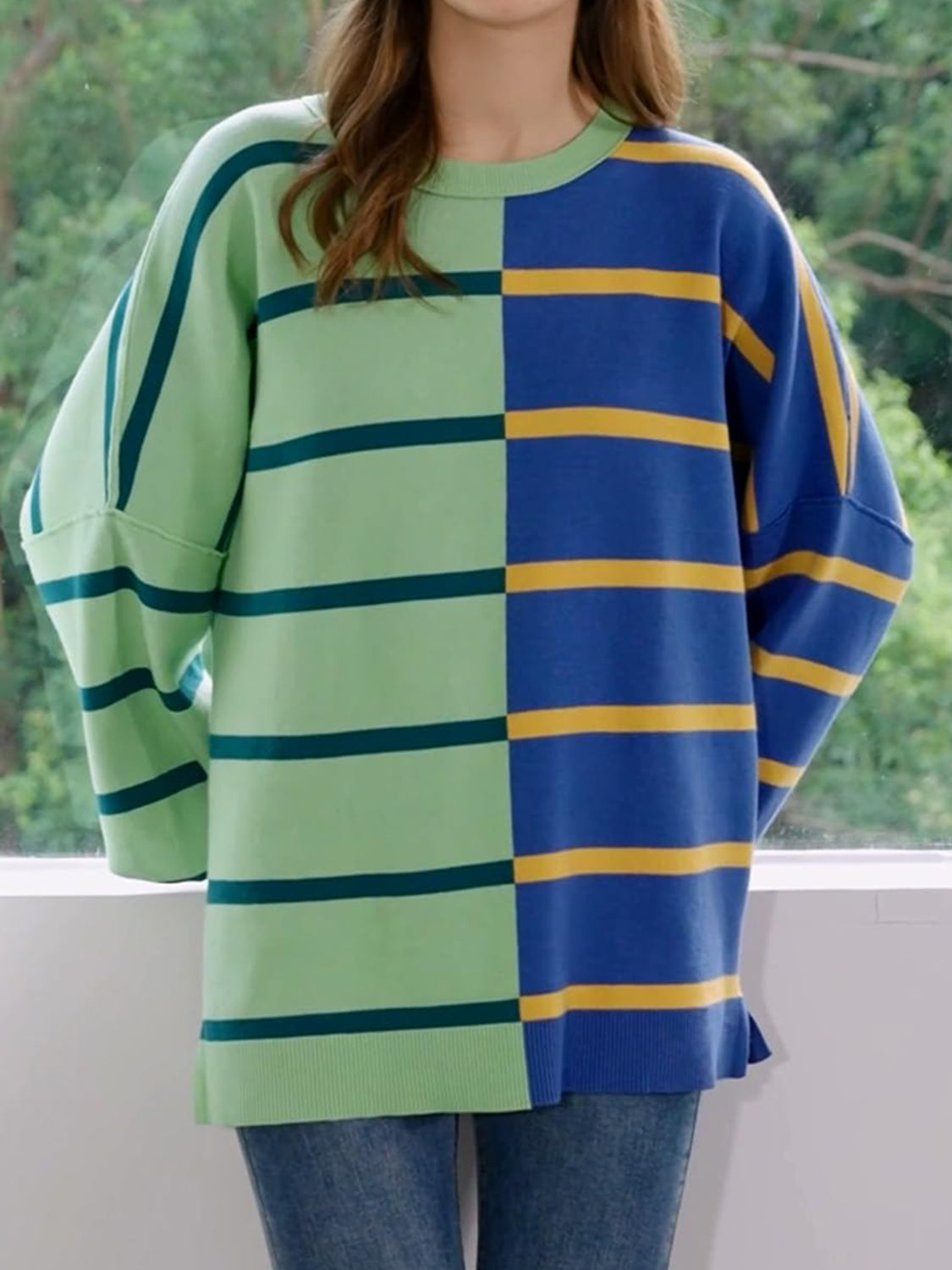 Striped Round Neck Long Sleeve Sweater - ClassiQ
