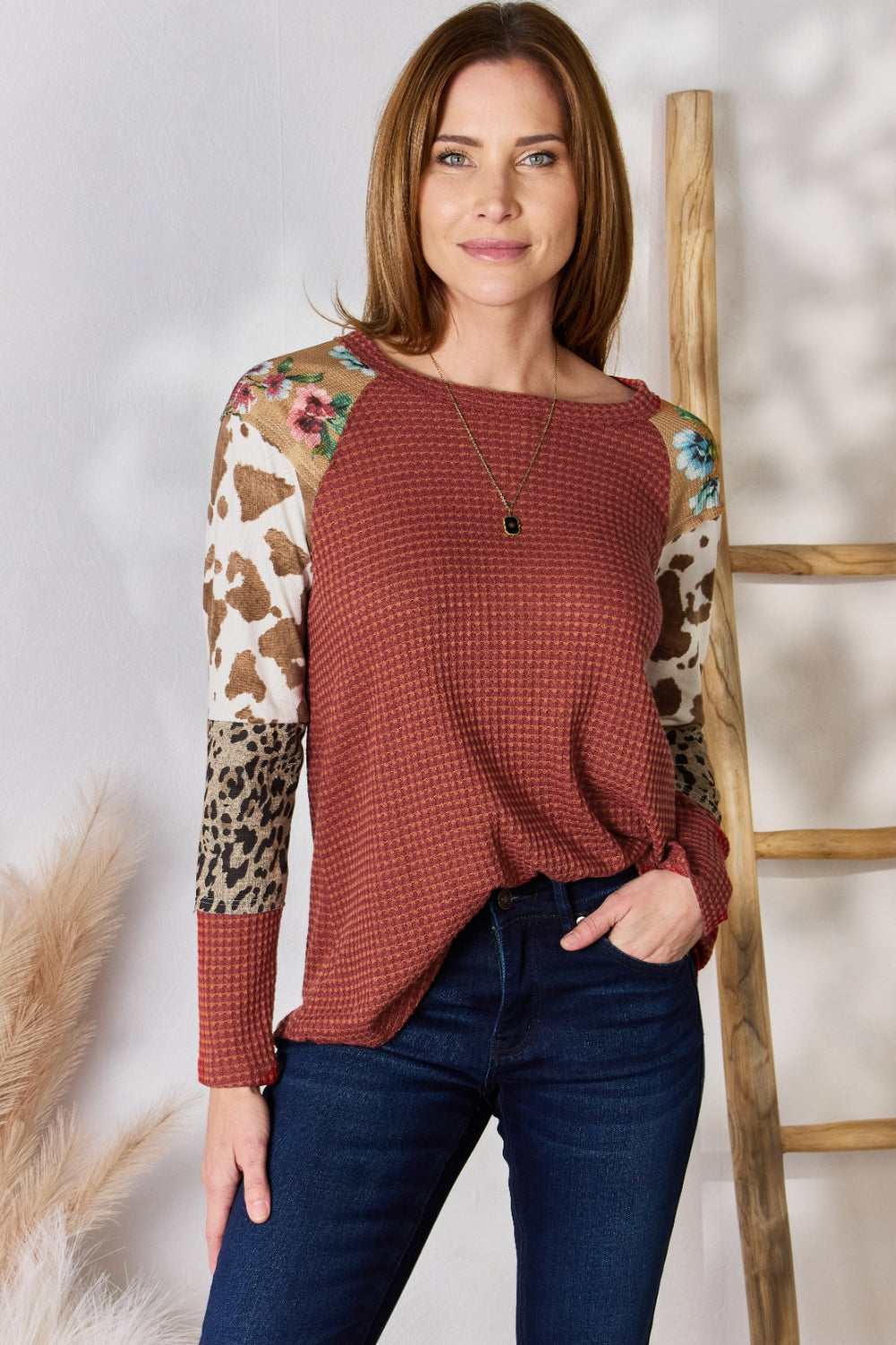 Hailey & Co Full Size Leopard Waffle-Knit Blouse - Classique Collection