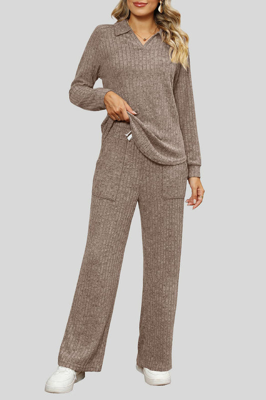 Ribbed Long Sleeve Top and Pocketed Pants Set - ClassiQ