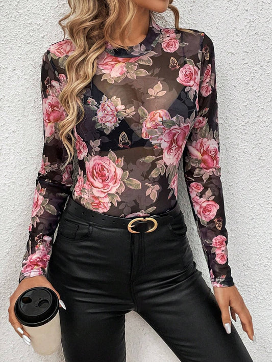 Mesh Floral Mock Neck Long Sleeve Top - Classique Collection
