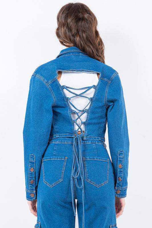 American Bazi Laced Back Cropped Denim Jacket - Classique Collection