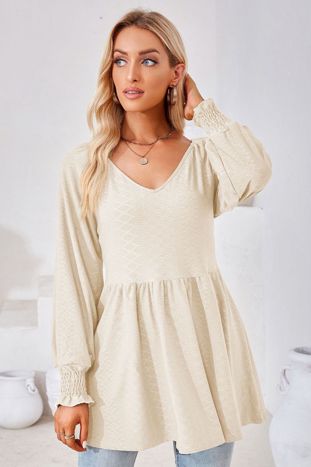 V-Neck Lantern Sleeve Blouse - Classique Collection