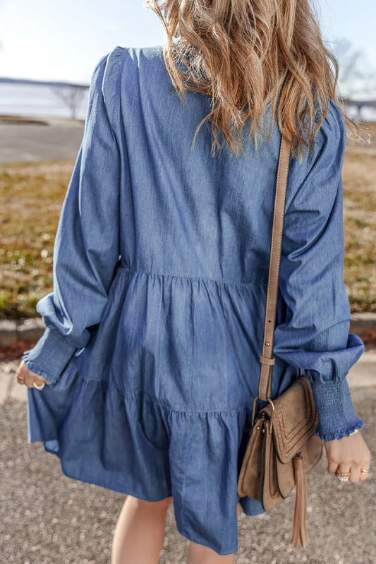 Tiered Johnny Collar Long Sleeve Denim Dress - Classique Collection
