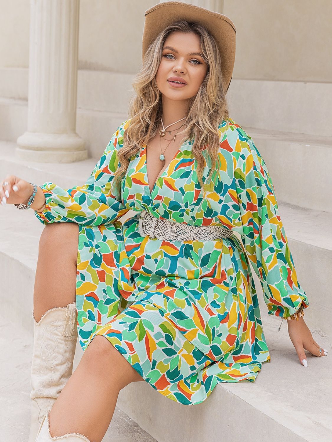 Plus Size Printed Surplice Long Sleeve Mini Dress - Classique Collection
