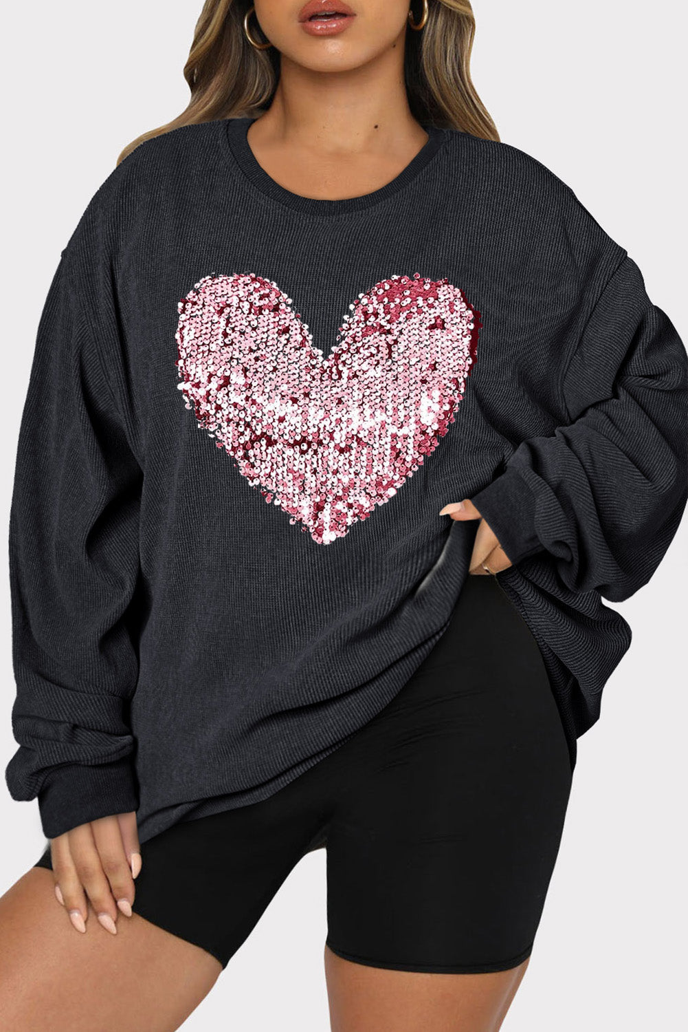 Plus Size Heart Sequin Round Neck Sweatshirt - ClassiQ