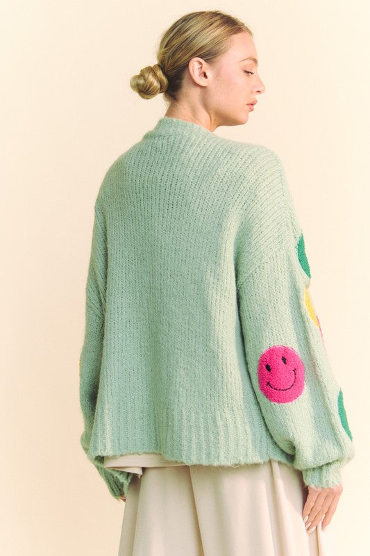 Davi & Dani Fuzzy Smile Open Front Long Sleeve Cardigan - Classique Collection