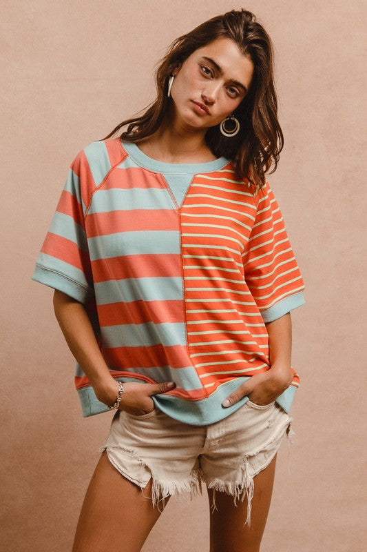 BiBi Striped Round Neck Half Sleeve French Terry Top - ClassiQ