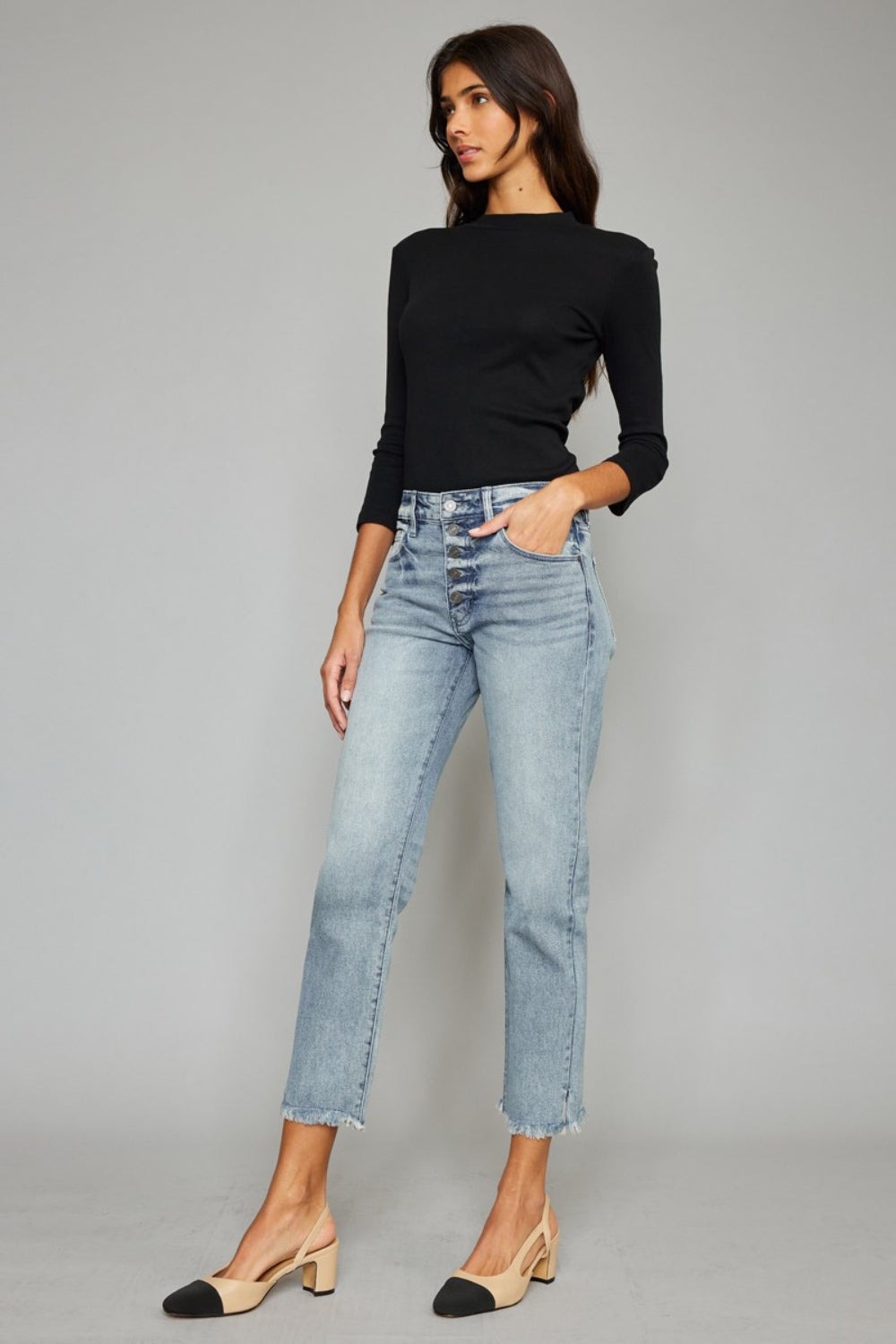 Kancan High Waist Button Fly Raw Hem Cropped Straight Jeans - ClassiQ