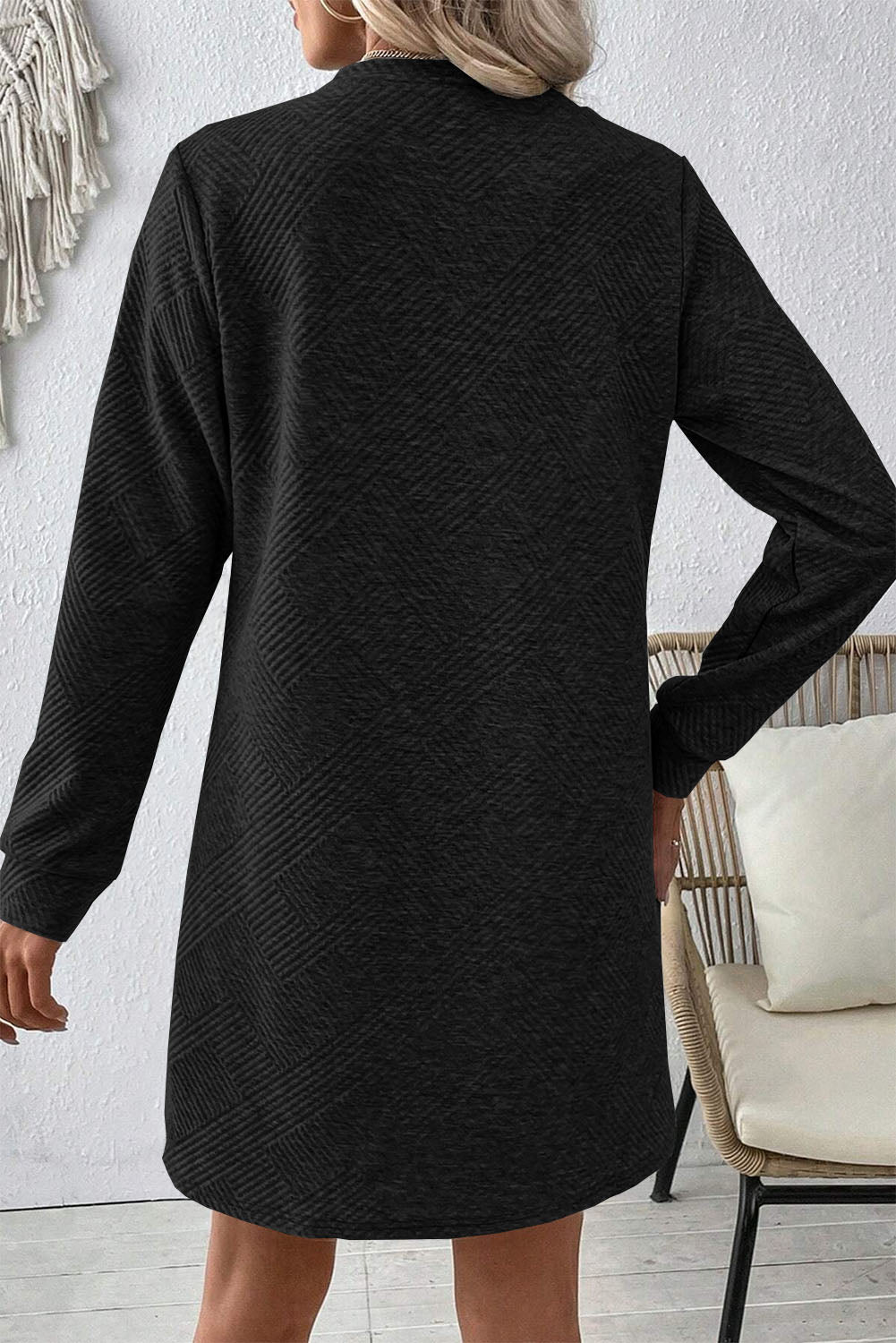 Textured Round Neck Long Sleeve Mini Dress - Classique Collection