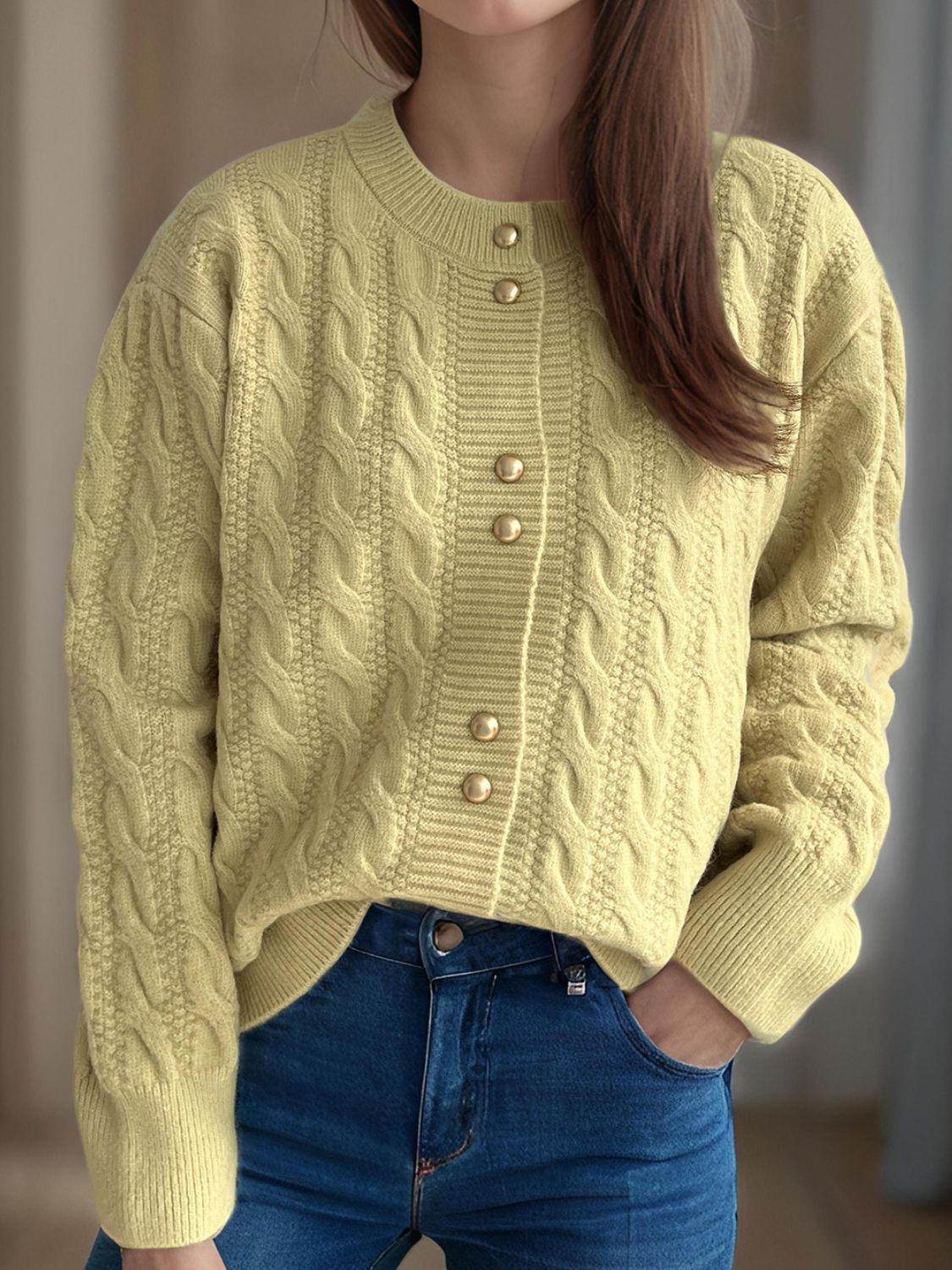 Cable-Knit Round Neck Long Sleeve Cardigan - ClassiQ