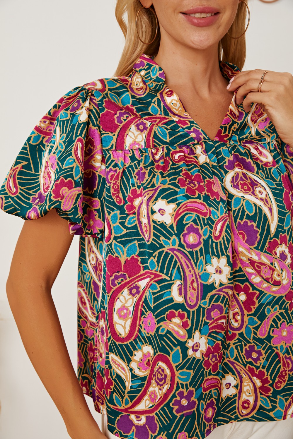 Floral Collared Neck Short Sleeve Blouse - Classique Collection